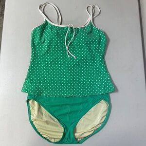 LAND'S END Tankini Women's 12 Green Polka Dot Swim Top Bottom Bathing suit Beach